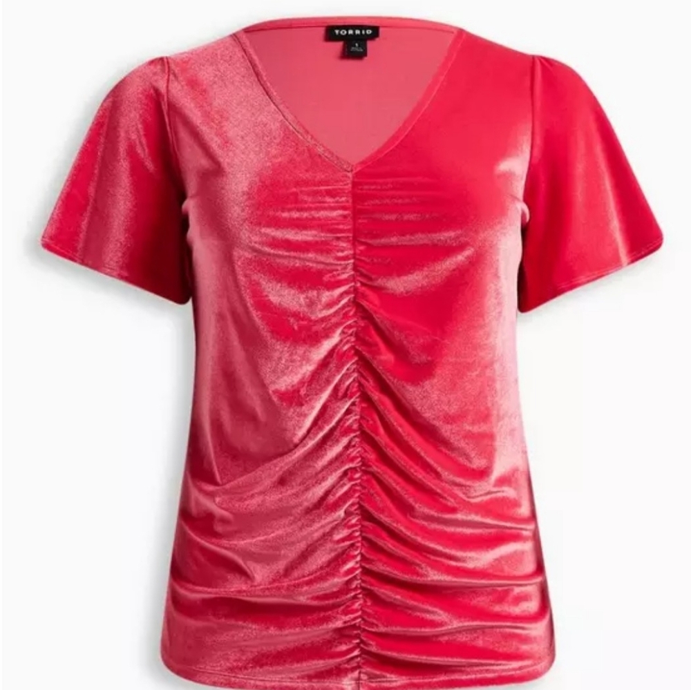 Stretch Velvet Shirred-Front Flutter Sleeve Top